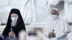 Papa Francesco e il Patriarca Bartolomeo al Campidoglio di Roma per l'incontro per la pace "Nessuno si salva da solo" organizzato dalla Comunità di Sant'Egidio, 20 ottobre 2020 / Daniel Ibanez / ACI Group