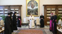 Papa Francesco con la delegazione del Patriarcato Ecumenico di Costantinopoli (a sinistra nella foto), Palazzo Apostolico Vaticano, 28 giugno 2024 / Vatican Media / ACI Group