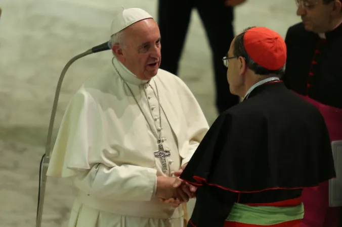 Papa Francesco e il Cardinale Barbarin  | Papa Francesco saluta il Cardinale Philippe Barbarin durante l'udienza con i senzatetto di Fratello, Aula Paolo VI, 6 luglio 2016 | Daniel Ibanez / ACI Group