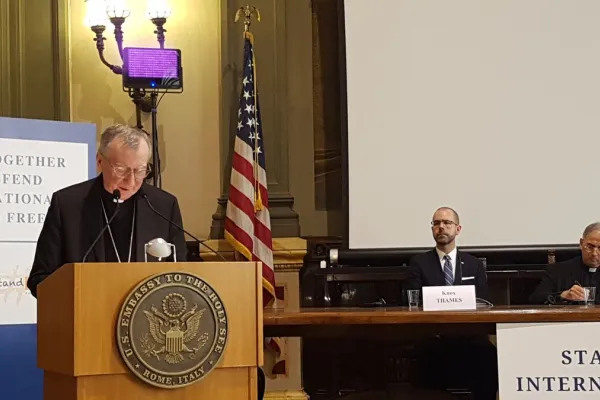 Il Cardinale Parolin parla al simposio "Stand Together to Defend International Religious Freedom", Ambasciata USA presso la Santa Sede, 3 aprile 2019 / @Twitter IsraelinHolySee