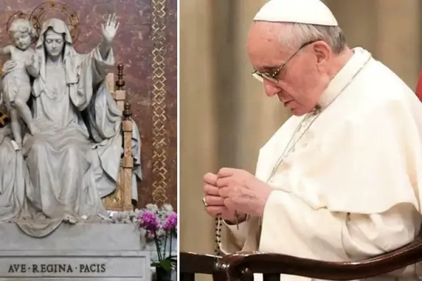 La statua di Maria Regina Pacis in Santa Maria Maggiore. Foto: Pinterest / Papa Francisco. Foto: Vatican Media / La statua di Maria Regina Pacis in Santa Maria Maggiore. Foto: Pinterest / Papa Francisco. Foto: Vatican Media