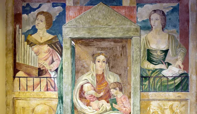 Particolare dell’affresco di Antonio Morato “Esempi di virtù femminile - Gaspara Stampa, Elena Lucrezia Cornaro Piscopia, Cornelia”, Sala delle Studen |  | www.ottocentenariouniversitadipadova.it