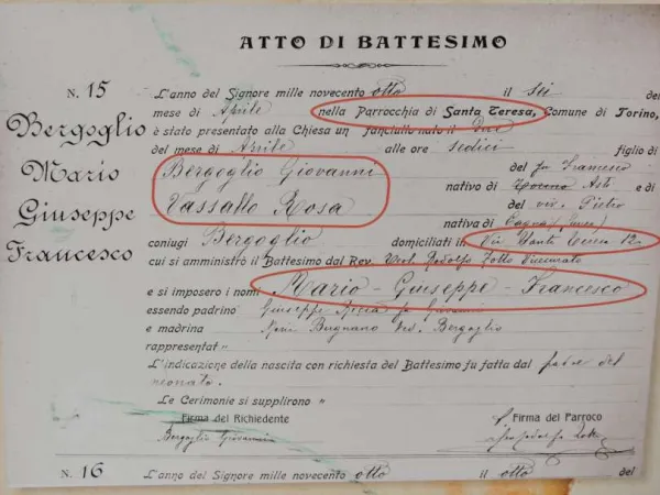 L'Atto di Matrimonio dei genitori di Jorge Bergoglio |  | Aci Stampa