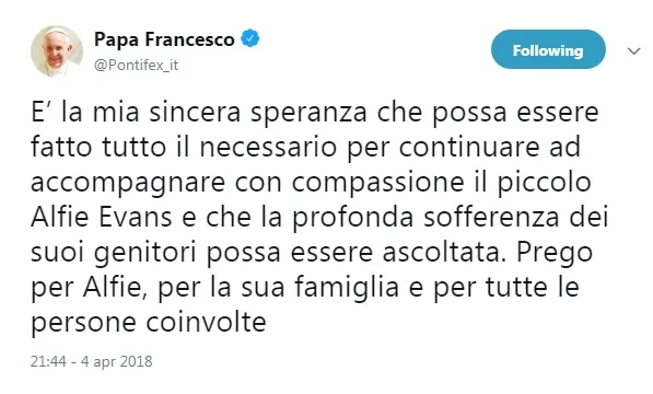 Il tweet del Papa |  | Twitter @Pontifex_it