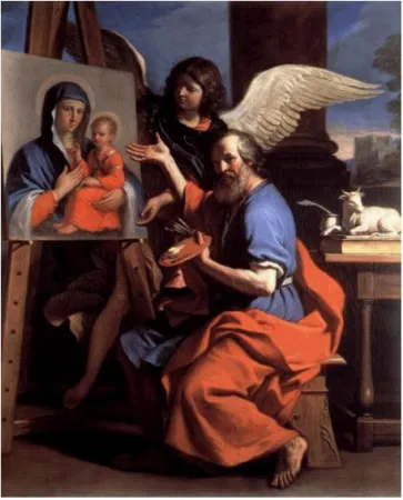 San Luca che mostra un dipinto della Vergine (1652-1653). Questo dipinto del Guercino raffigura la creazione dell'icona della Vergine Odigitria. |  | Wikipedia 