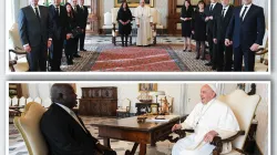 In alto, Papa Francesco e la presidente del Perù Dina Boluarte Zegarra con il suo seguito. In basso, Papa Francesco con il primo ministro di Bahamas Davies, Palazzo Apostolico Vaticano, 14 ottobre 2023 / Vatican Media / ACI Group