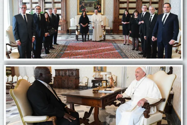 In alto, Papa Francesco e la presidente del Perù Dina Boluarte Zegarra con il suo seguito. In basso, Papa Francesco con il primo ministro di Bahamas Davies, Palazzo Apostolico Vaticano, 14 ottobre 2023 / Vatican Media / ACI Group