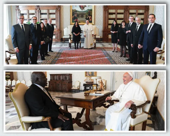 Papa Francesco, Perù, Bahamas | In alto, Papa Francesco e la presidente del Perù Dina Boluarte Zegarra con il suo seguito. In basso, Papa Francesco con il primo ministro di Bahamas Davies, Palazzo Apostolico Vaticano, 14 ottobre 2023 | Vatican Media / ACI Group