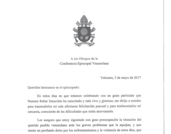 Lettera di Papa Francesco ai vescovi del Venezuela | L'inizio della lettera indirizzata da Papa Francesco ai vescovi del Venezuela | CEV - www.cev.org.ve