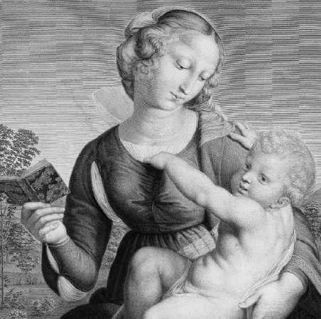 Dettaglio di una acquaforte della Madonna Colonna del 1820, il disegno è rovesciato rispetto all'originale |  | Istituto Centrale per la Grafica, Roma