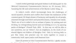 Il messaggio di Papa Francesco Servizio Commemorativo per Martin Luther King Jr. / Libretto del Servizio Commemorativo per Martin Luther King Jr.