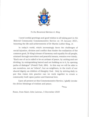 Messaggio di Papa Francesco | Il messaggio di Papa Francesco Servizio Commemorativo per Martin Luther King Jr. | Libretto del Servizio Commemorativo per Martin Luther King Jr.