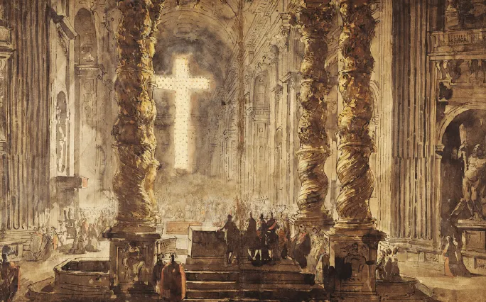 Louis Jean Desprez, Interno della basilica di San Pietro con la Croce luminosa,  |  | Disegno acquerellato, Stoccolma, Nationalmuseum (Foto: Erik Cornelius/Nationalmuseum).