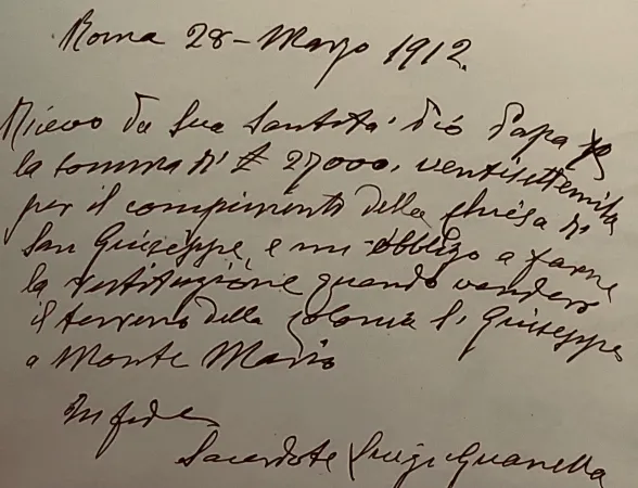 La ricevuta di Don Guanella per il Papa  |  | " Storie di uomini e di donne. I cento anni di San Giuseppe al Trionfale" Editrice nuove Frontiere.