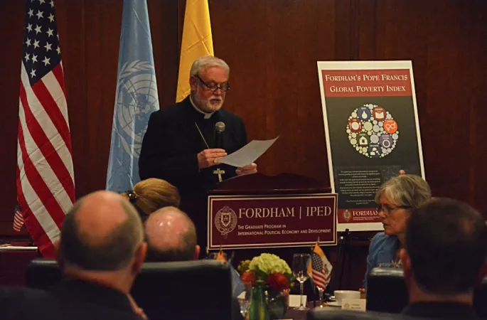 Arcivescovo Paul Richard Gallagher | L'arcivescovo Paul Richard Gallagher, ministro degli Esteri della Santa Sede, durante la sua conferenza alla Fordham University | Holy See Mission