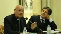 L'arcivescovo Claudio Maria Celli alla presentazione del libro "Il Vangelo oltre la Grande Muraglia", Radio Vaticana, 8 gennaio 2016 / Daniel Ibanez / ACI Group