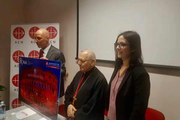 Il Patriarca dei Caldei Louis Raphael I Sako presenta l'iniziativa di Aiuto alla Chiesa che Soffre con Alessandro Monteduro, direttore della Fondazione di Diritto Pontificio, 7 febbraio 2018 / AG / ACI Group