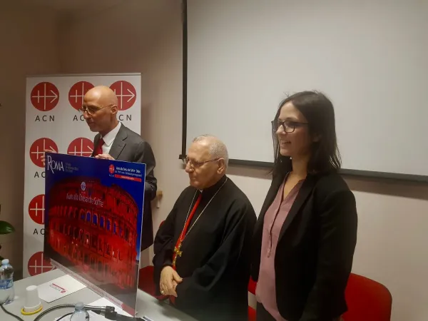 Patriarca Sako | Il Patriarca dei Caldei Louis Raphael I Sako presenta l'iniziativa di Aiuto alla Chiesa che Soffre con Alessandro Monteduro, direttore della Fondazione di Diritto Pontificio, 7 febbraio 2018 | AG / ACI Group