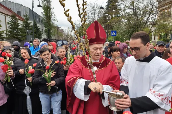 L'arcivescovo Ioan Robu di Bucarest apre la processione dei fiori in occasione della domenica delle Palme, Bucarest, 14 aprile 2019 / AG / ACI Group