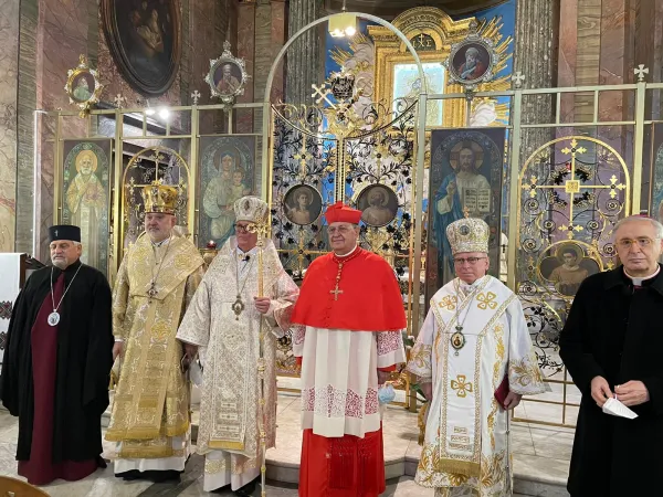 Vescovo Lachovicz | Il vescovo Lachovicz, esarca apostolico per l'esarcato dei fedeli cattolici ucraini di rito bizantino in Italia, con il vescovo Milan, l'arcivescovo Bilik, e il Cardinale Leonardo Sandri, San Sergio e Bacco, Roma, 1 dicembre 2020 | Oriente Cattolico