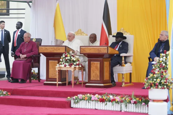 Papa Francesco durante l'incontro con le autorità e il corpo diplomatico in Sud Sudan, 3 febbraio 2023 / Elias Turk / ACI Group - EWTN